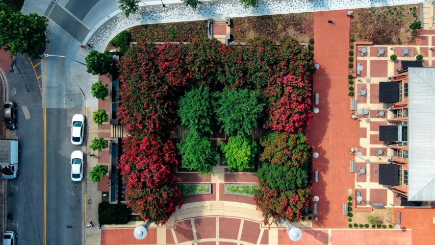 a bird's eye view of a city street, a colorized photo, by Carey Morris, unsplash contest winner, renaissance, in red gardens, city park with flowers, school courtyard, green square