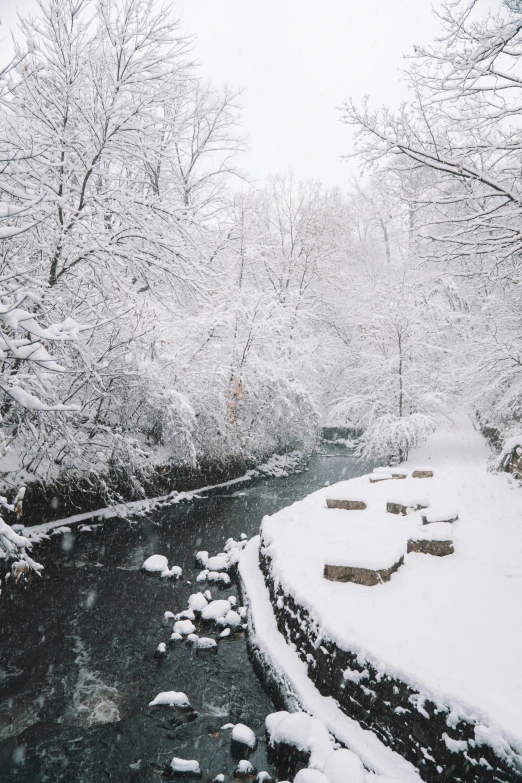 a stream running through a snow covered forest, inspired by Edward Willis Redfield, trending on unsplash, beautiful small town, il, low quality photo, back