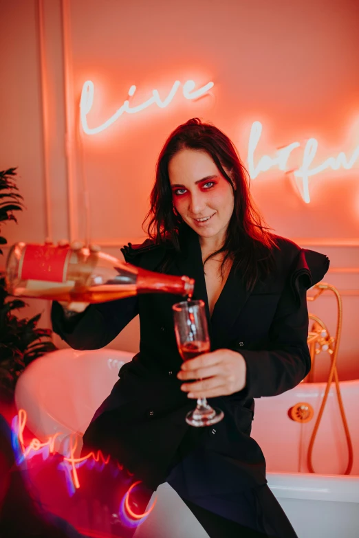a woman holding a glass of wine in front of a neon sign, by Julia Pishtar, happening, pretty eva green vampire, splash image, champagne on the table, alice cooper as marilyn manson
