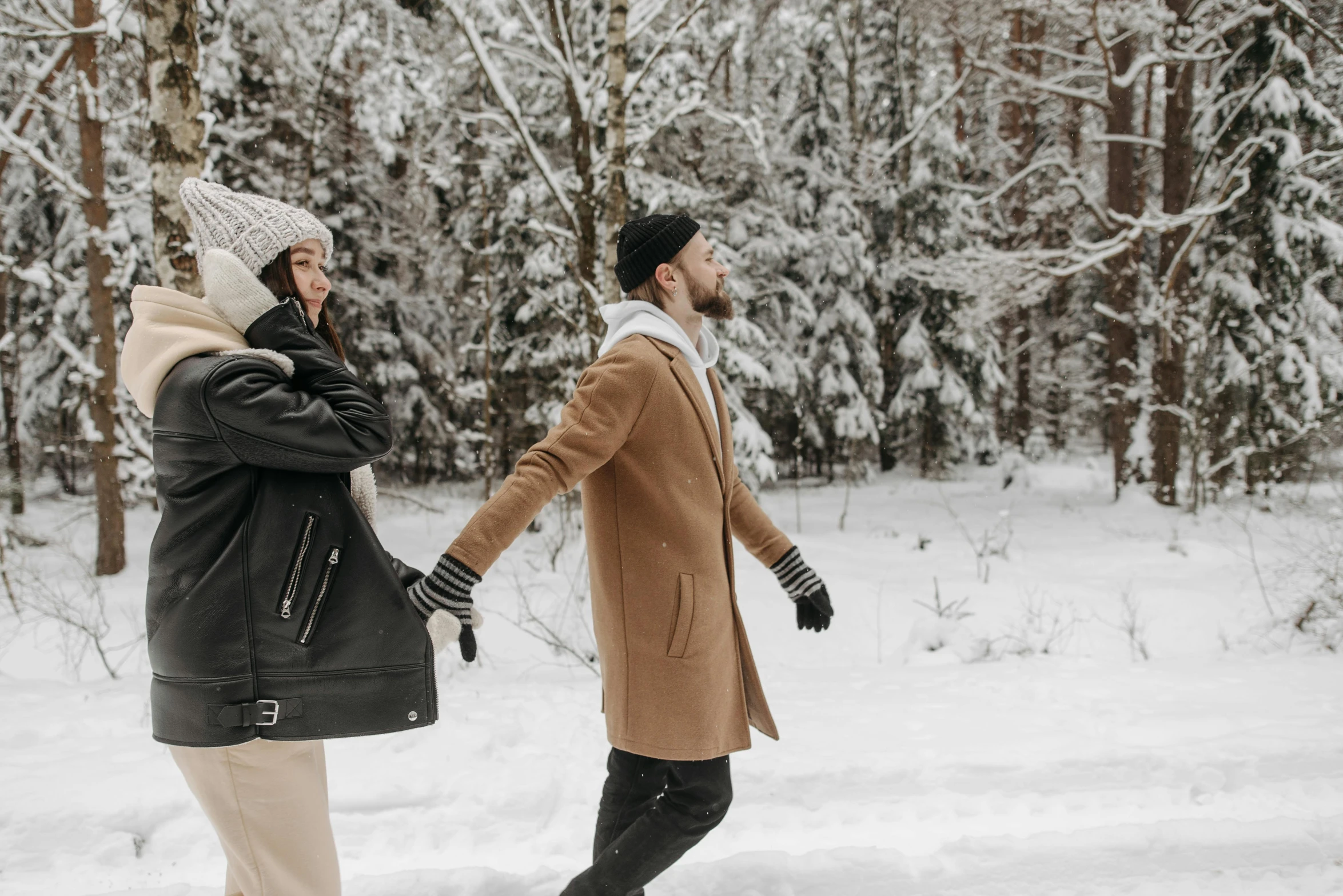 a man and a woman walking in the snow, pexels contest winner, neoprene, brown, background image, hygge