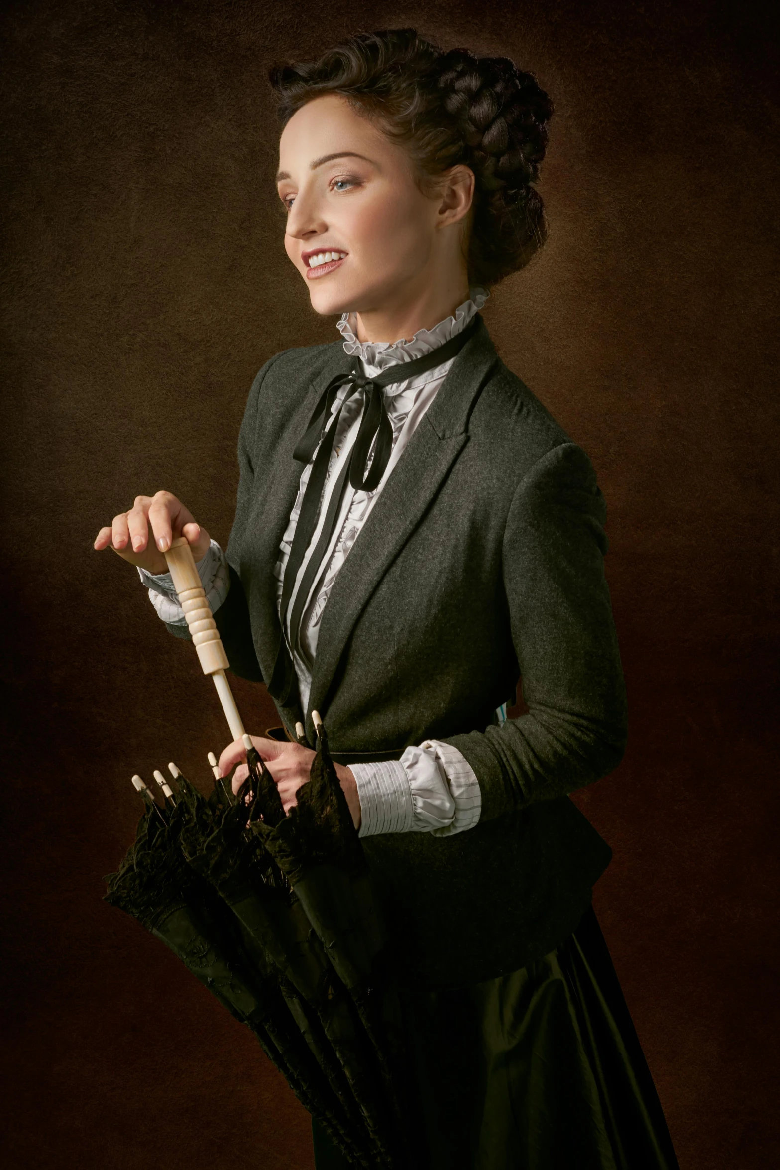 a woman in a suit holding an umbrella, inspired by Albert Edelfelt, renaissance, holding paintbrushes, photo from a promo shoot, ((portrait)), pixar weta portrait