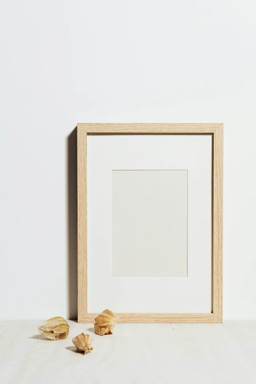 a picture frame sitting on top of a table, inspired by Giorgio Morandi, unsplash, light wood, detailed product image, blonde crea, set against a white background