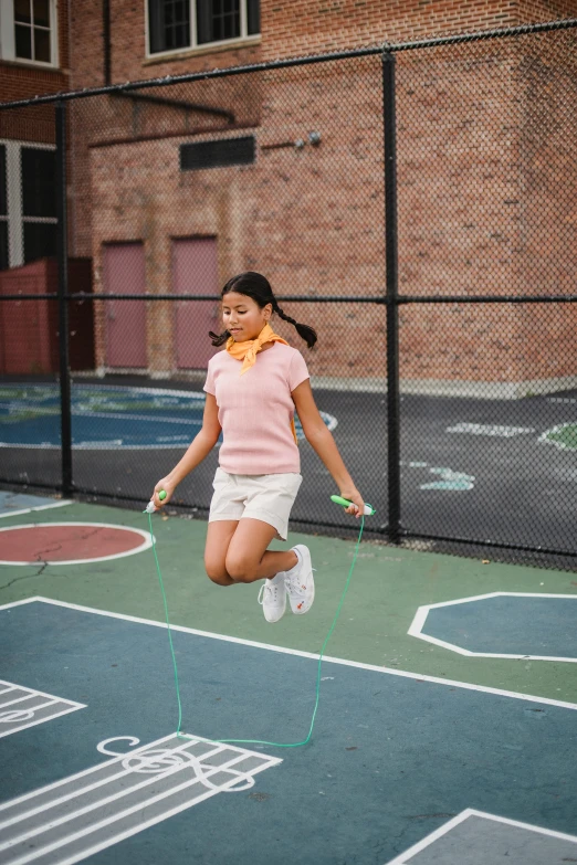 a girl jumping in the air with a tennis racket, a portrait, unsplash, american barbizon school, urban playground, ropes, square, pastel'