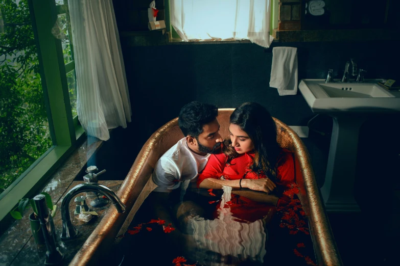 a man and a woman sitting in a bathtub, by Julia Pishtar, pexels contest winner, assamese aesthetic, romantic themed, lush surroundings, actor