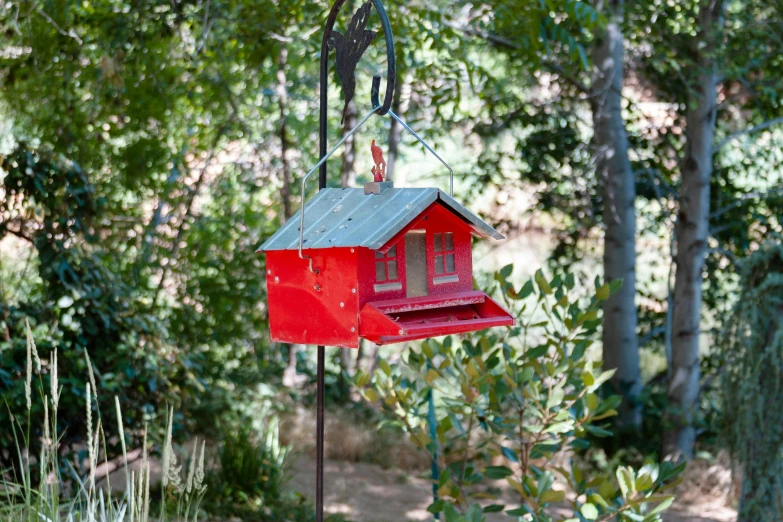 a red bird house hanging from a tree, inspired by Gustave Baumann, metal, eating outside, square, view
