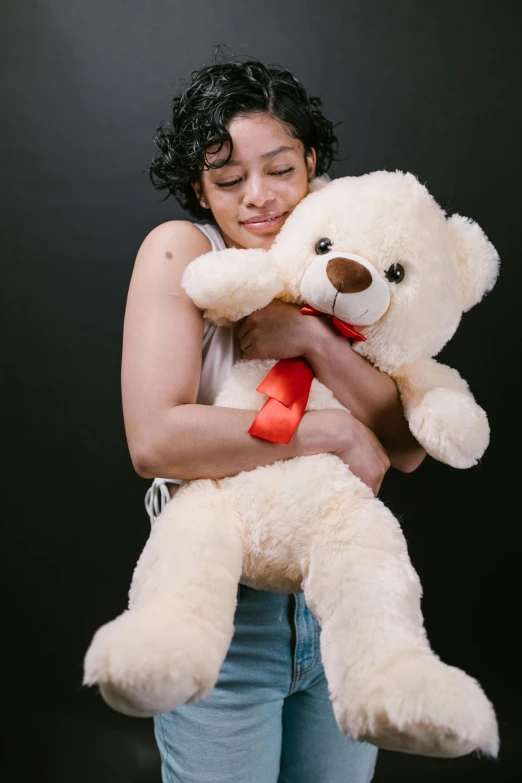 a woman holding a large white teddy bear, light skin, photo from a promo shoot, very emotional, - 9