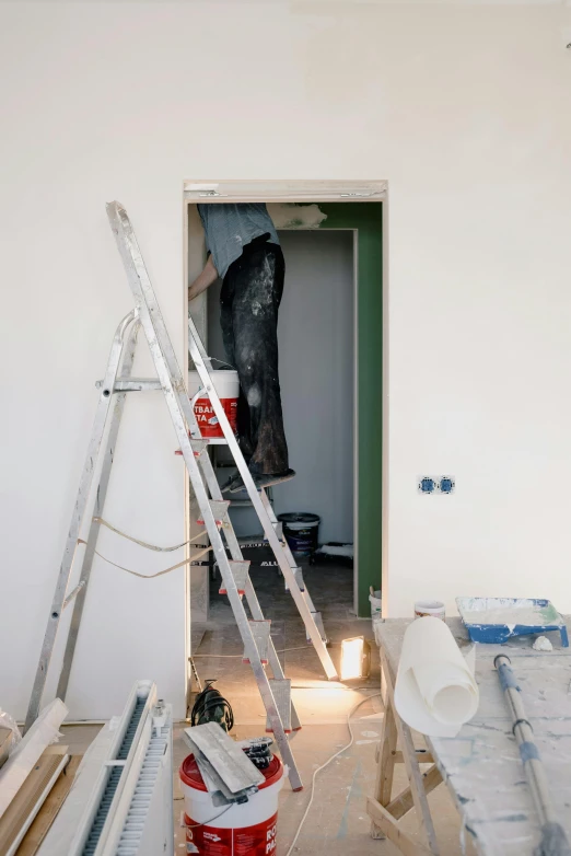 a couple of ladders that are in a room, a painting, unsplash, arbeitsrat für kunst, construction site, white broom closet, no - text no - logo, doorway