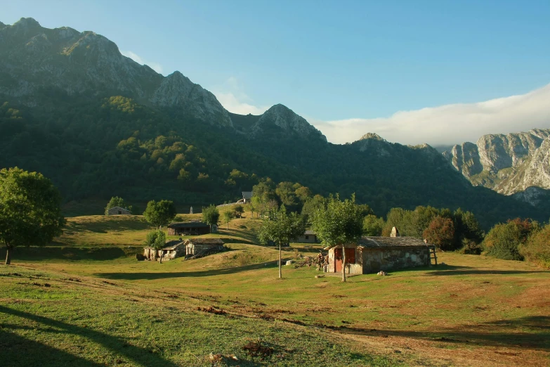 a herd of cattle grazing on top of a lush green field, les nabis, log cabin beneath the alps, avatar image