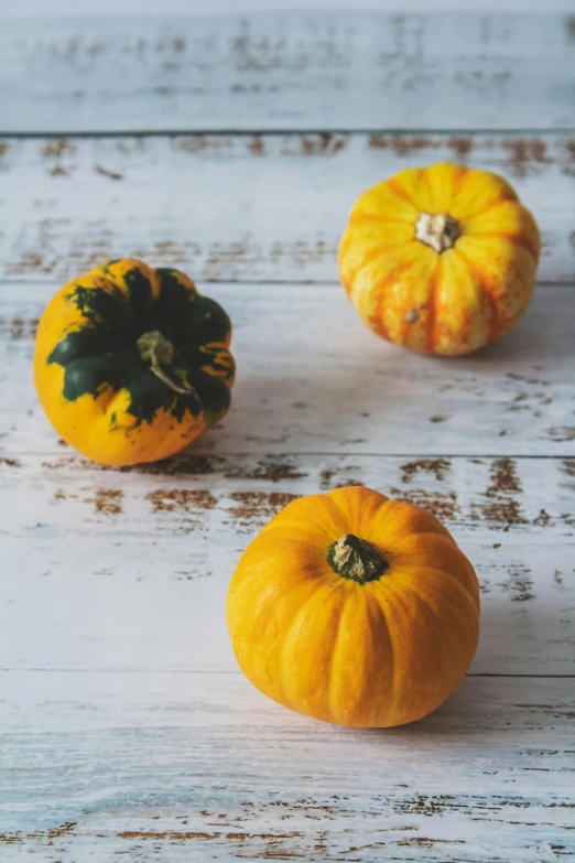 a group of pumpkins sitting on top of a wooden table, a picture, unsplash, on a pale background, trio, made of glazed, yellow