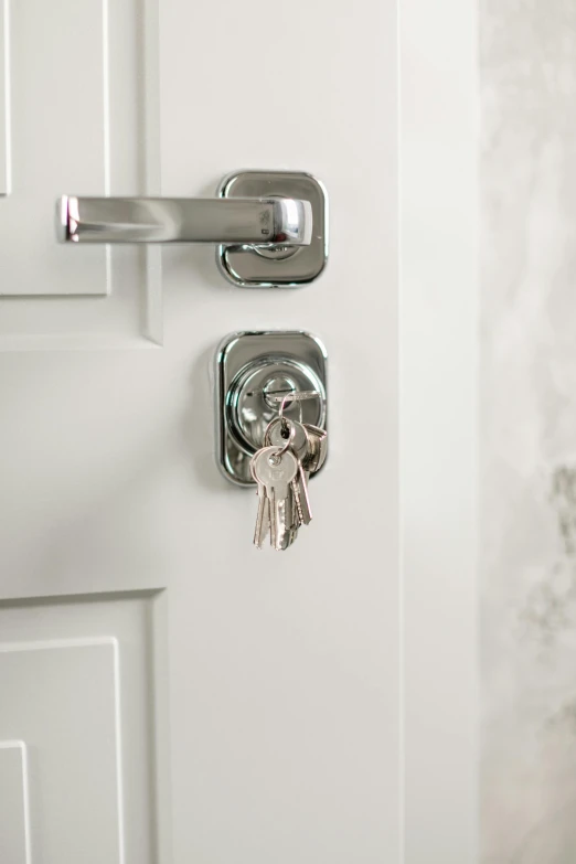 a close up of a door handle on a door, chrome accents, pair of keys, gloss finish, home setting