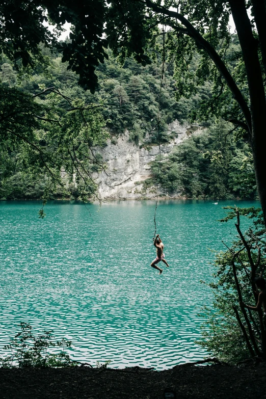 a person hanging from a rope over a body of water, lush surroundings, lake blue, slovenian, swings