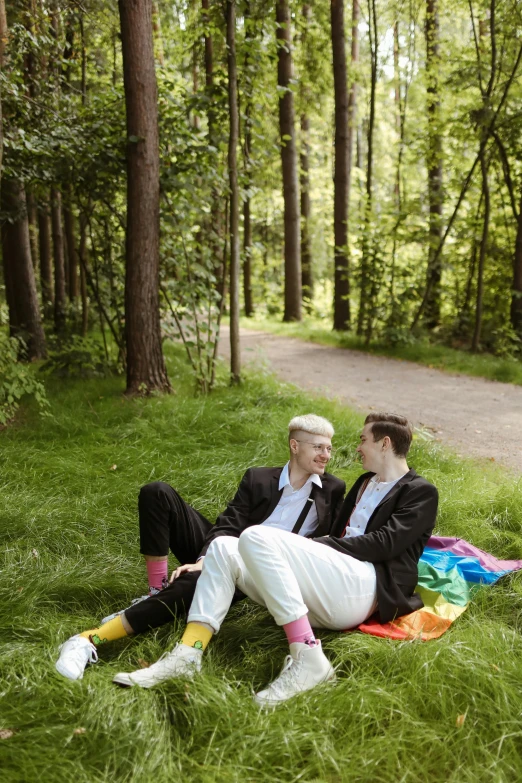 a couple of men sitting on top of a lush green field, by Julia Pishtar, lying on the woods path, pride month, in a flowing white tailcoat, berlin park