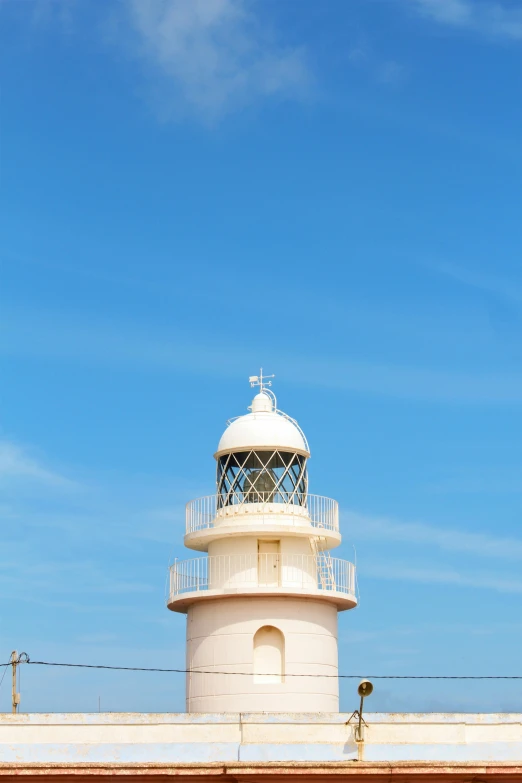 a white lighthouse with a blue sky in the background, a picture, by David Donaldson, square, warm sunshine, dome, pembrokeshire