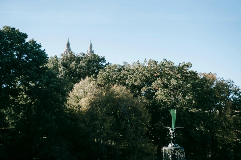 a fountain in a park with trees in the background, by Nina Hamnett, unsplash contest winner, art nouveau, towering high up over your view, central park, taken from the high street, viewed from very far away