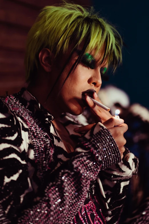 a woman with green hair smoking a cigarette, inspired by Cindy Sherman, trending on pexels, punk party, japanese streetwear, boys, performance