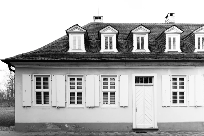 a black and white photo of a house, a black and white photo, by Konrad Witz, pexels contest winner, minimalism, 1 8 th century style, photographic print, 3 doors, frontal view