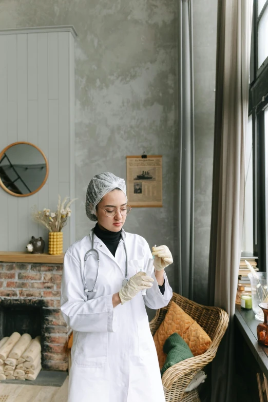 a woman in a white lab coat standing next to a window, pexels contest winner, bread, surgical implements, malaysian, gif