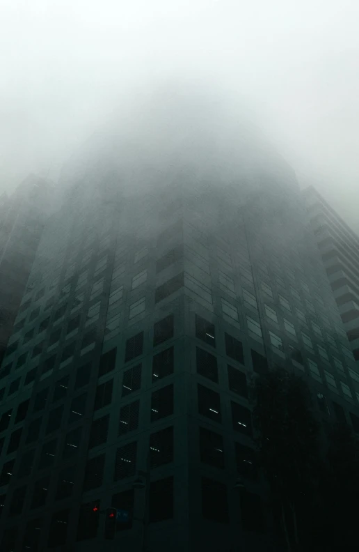 a tall building in the middle of a foggy city, inspired by Elsa Bleda, pexels contest winner, brutalism, ) ominous vibes, green smoggy sky, (((mist))), mysterious exterior