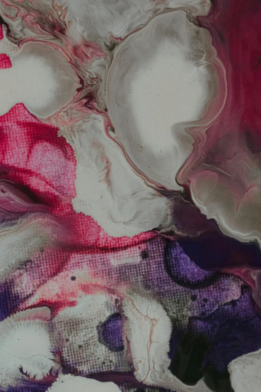 a close up of a painting of flowers, a detailed painting, inspired by Anna Füssli, trending on pexels, lyrical abstraction, purple liquid, magenta and gray, made of silk paper, ( ( abstract ) )