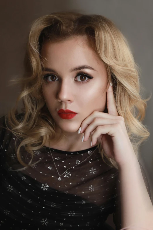 a woman in a black dress posing for a picture, inspired by Elsa Bleda, trending on pexels, photorealism, both have red lips, erin moriarty, square, 8k))