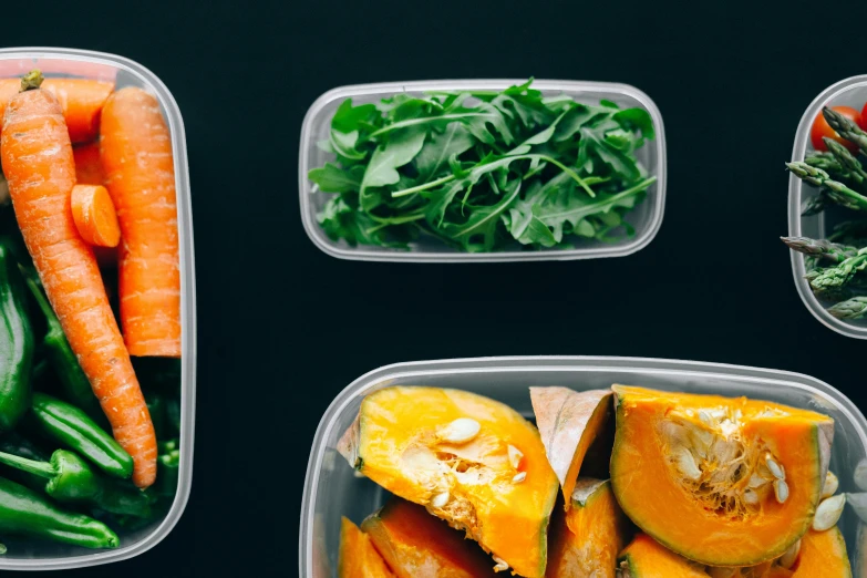 four plastic containers filled with different types of vegetables, by Adam Marczyński, pexels, dau-al-set, high - contrast, breakfast, promo image, rectangle