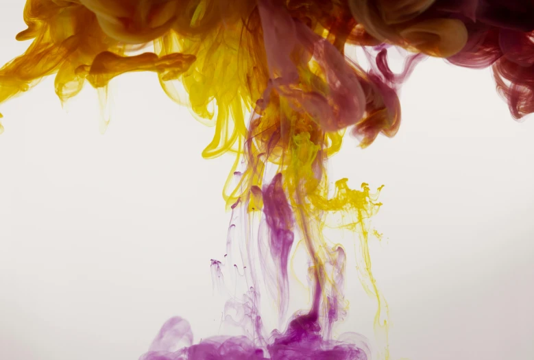 a close up of purple and yellow ink in water, inspired by Kim Keever, unsplash, on grey background, mustard, random colors, seen from below