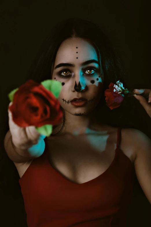 a woman in a red dress holding a rose, inspired by Elsa Bleda, pexels contest winner, portrait of a sugar skull, cutecore clowncore, unreal engine : : rave makeup, infp young woman