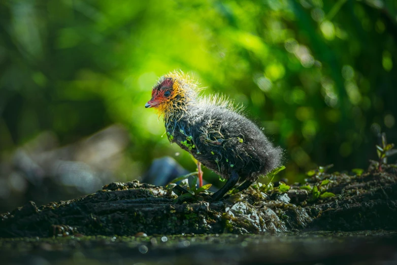 a baby bird sitting on top of a tree branch, by Jan Tengnagel, shutterstock contest winner, hurufiyya, emerging from the water, chicken feather armor, morning sunlight, ground - level medium shot