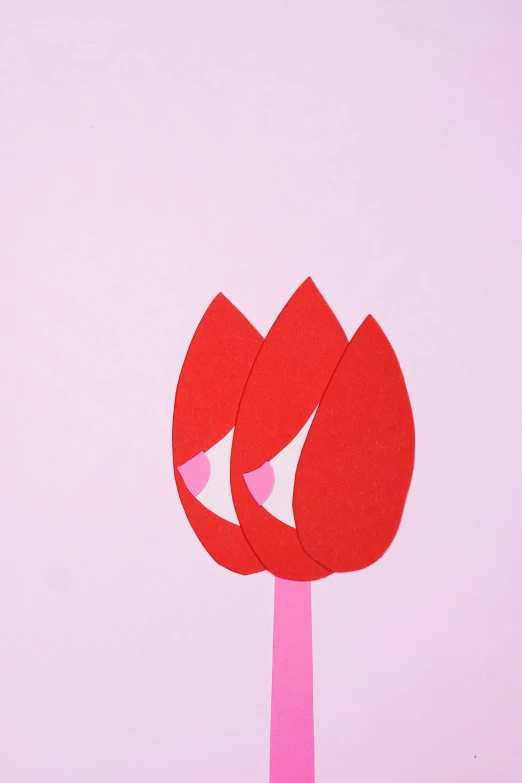 a close up of a paper flower on a stick, an album cover, by Jang Seung-eop, ((red)) baggy eyes, pink and red color style, tulip, cute! c4d