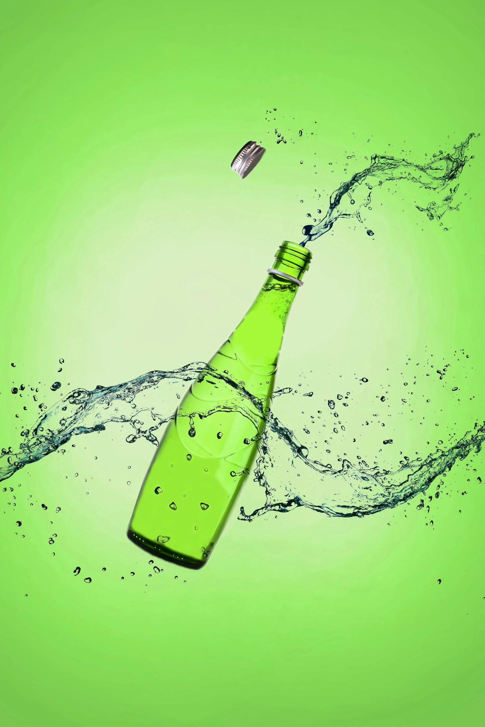 a green bottle with water splashing out of it, a digital rendering, by Andries Stock, shutterstock contest winner, made of drink, flattened, 15081959 21121991 01012000 4k, ilustration