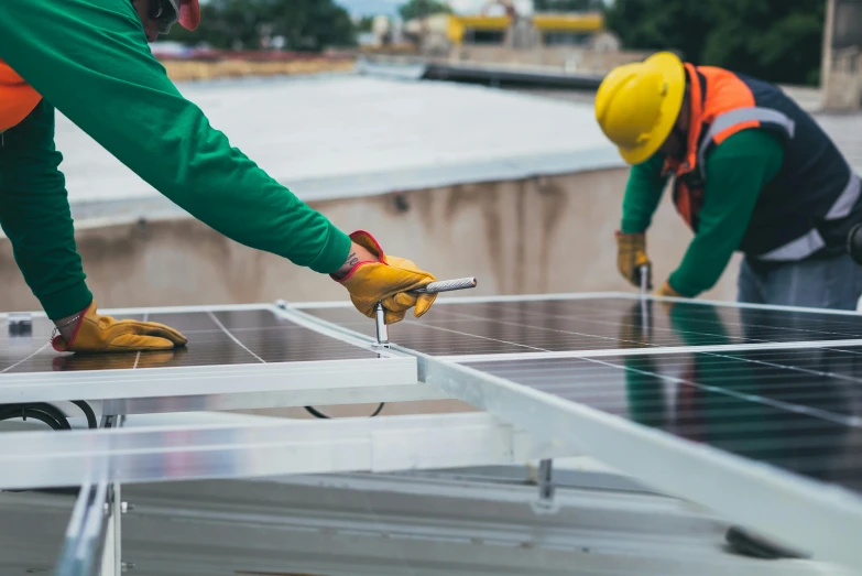 two workers installing solar panels on a roof, pexels contest winner, renaissance, avatar image, close - up photo, a green, inspect in inventory image