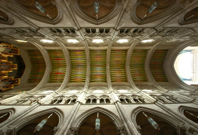 a view up into the ceiling of a cathedral, multi - coloured, subtle detailing, equirectangular, grey