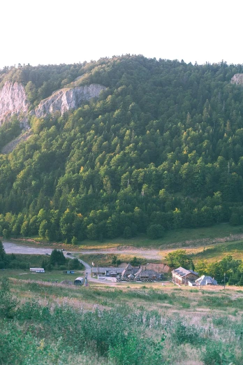 a herd of cattle standing on top of a lush green hillside, by Muggur, renaissance, magical soviet town, cliff side at dusk, log houses built on hills, quebec