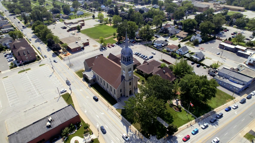 an aerial view of a small town with a church, by Joe Stefanelli, square, slide show, thumbnail, from wheaton illinois