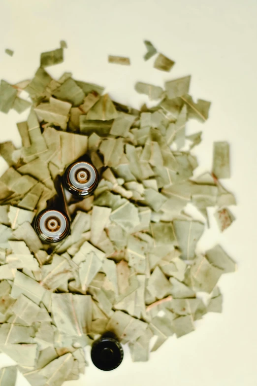 a pile of money sitting on top of a table, an album cover, by Attila Meszlenyi, unsplash, visual art, bullet shells flying, eucalyptus, bark, high angle close up shot