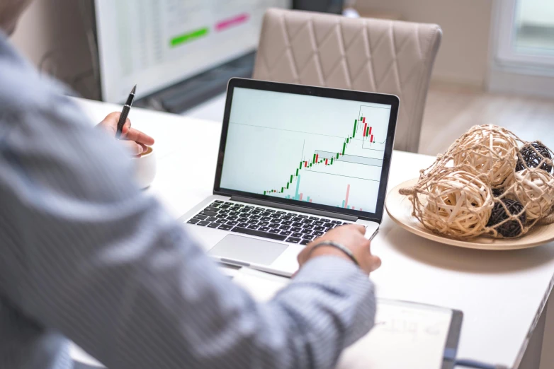 a man sitting at a desk using a laptop computer, trending on pexels, analytical art, displaying stock charts, flowers around, avatar image, mid shot photo