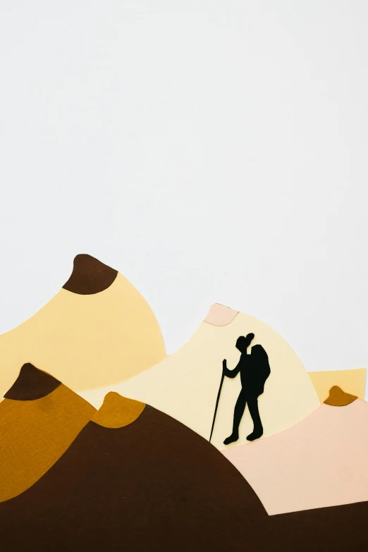 a painting of a man standing on top of a mountain, a minimalist painting, inspired by Kyffin Williams, trending on unsplash, paper cut out, detail shot, hiking cane, in muted colors