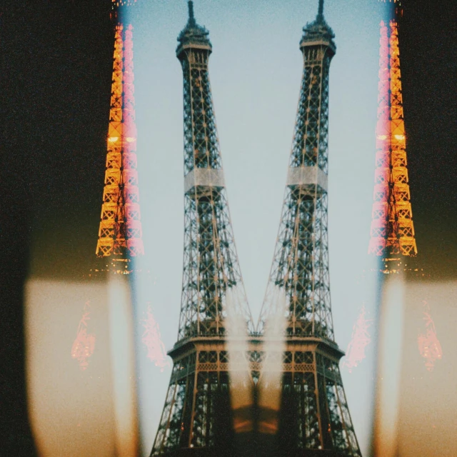 a couple of people standing in front of the eiffel tower, by Lubin Baugin, refractions on lens, lofi album art, symmetrical image, seen through a microscope