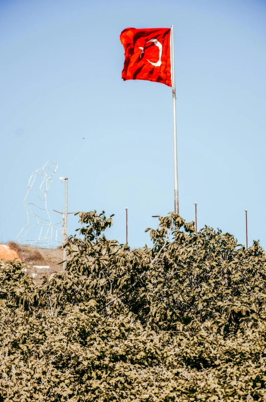 a red and white flag on top of a hill, a statue, marrakech, rojava, a landscape of hedge maze, 🚿🗝📝