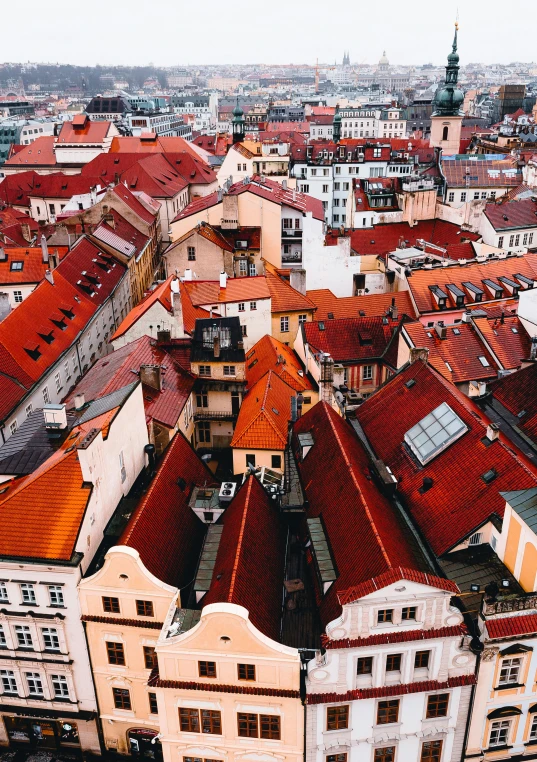 a view of a city from the top of a building, by Matija Jama, unsplash contest winner, baroque, orange roof, munkácsy, simple gable roofs, red and brown color scheme