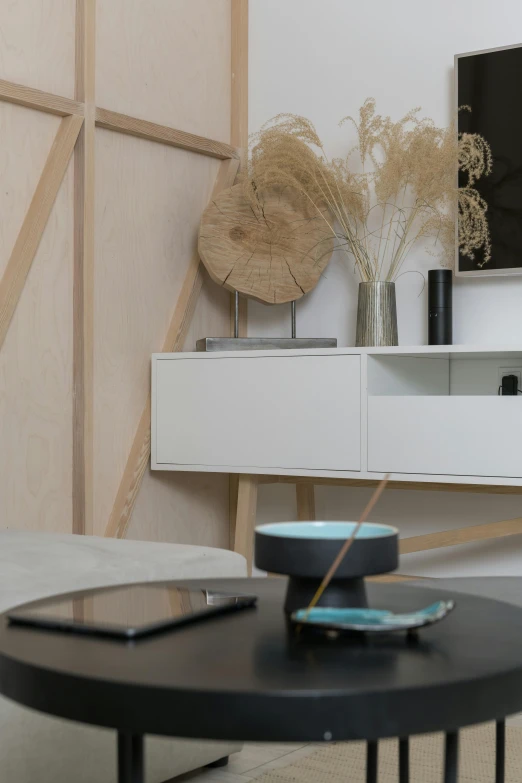 a living room filled with furniture and a flat screen tv, by Andries Stock, trending on pexels, minimalism, close up details, sustainable materials, dwell, cables on walls