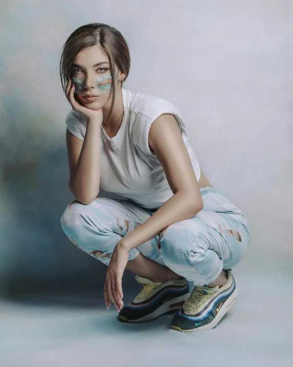 a painting of a woman with blue paint on her face, a photorealistic painting, inspired by Elsa Bleda, trending on pexels, hyperrealism, wearing white sneakers, sitting pose, jean and multicolor shoes, portrait of zendaya