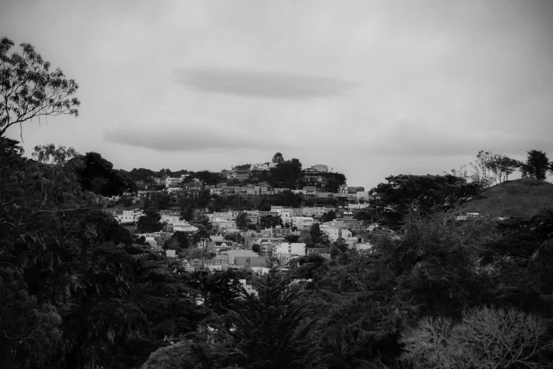 a black and white photo of a city, process art, house on a hill, bay area, high quality image”, over the tree tops