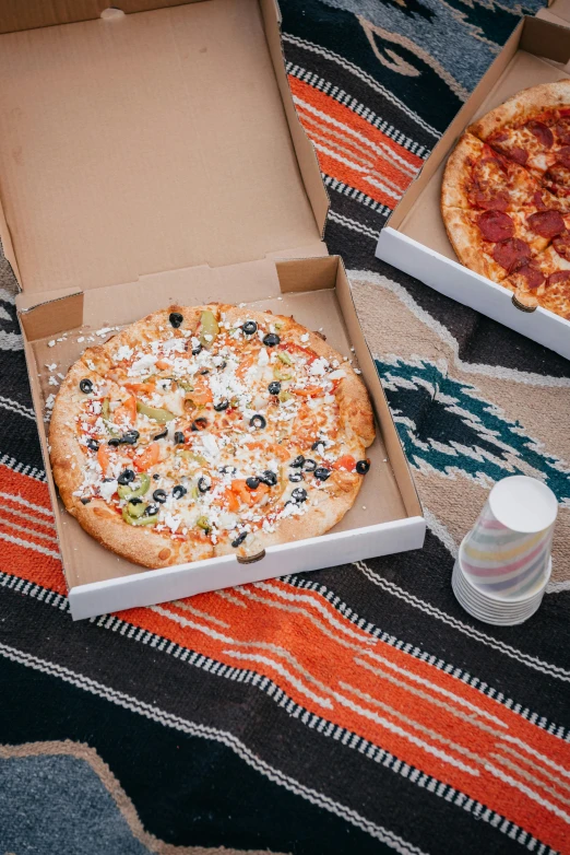 a couple of pizzas sitting on top of a table, inside its box, hippie pad, sprinkles, detailed product image