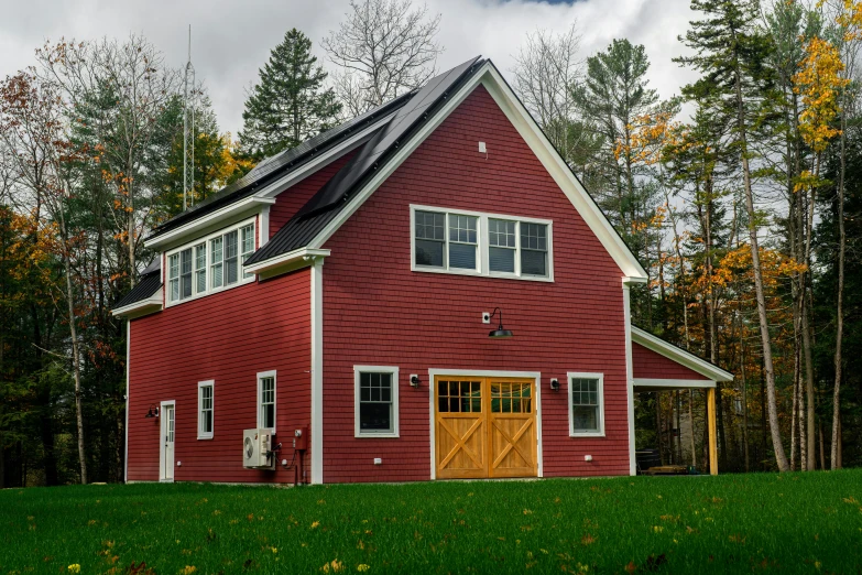 a red barn sitting on top of a lush green field, northwest school, award-winning crisp details”, side elevation, square, listing image