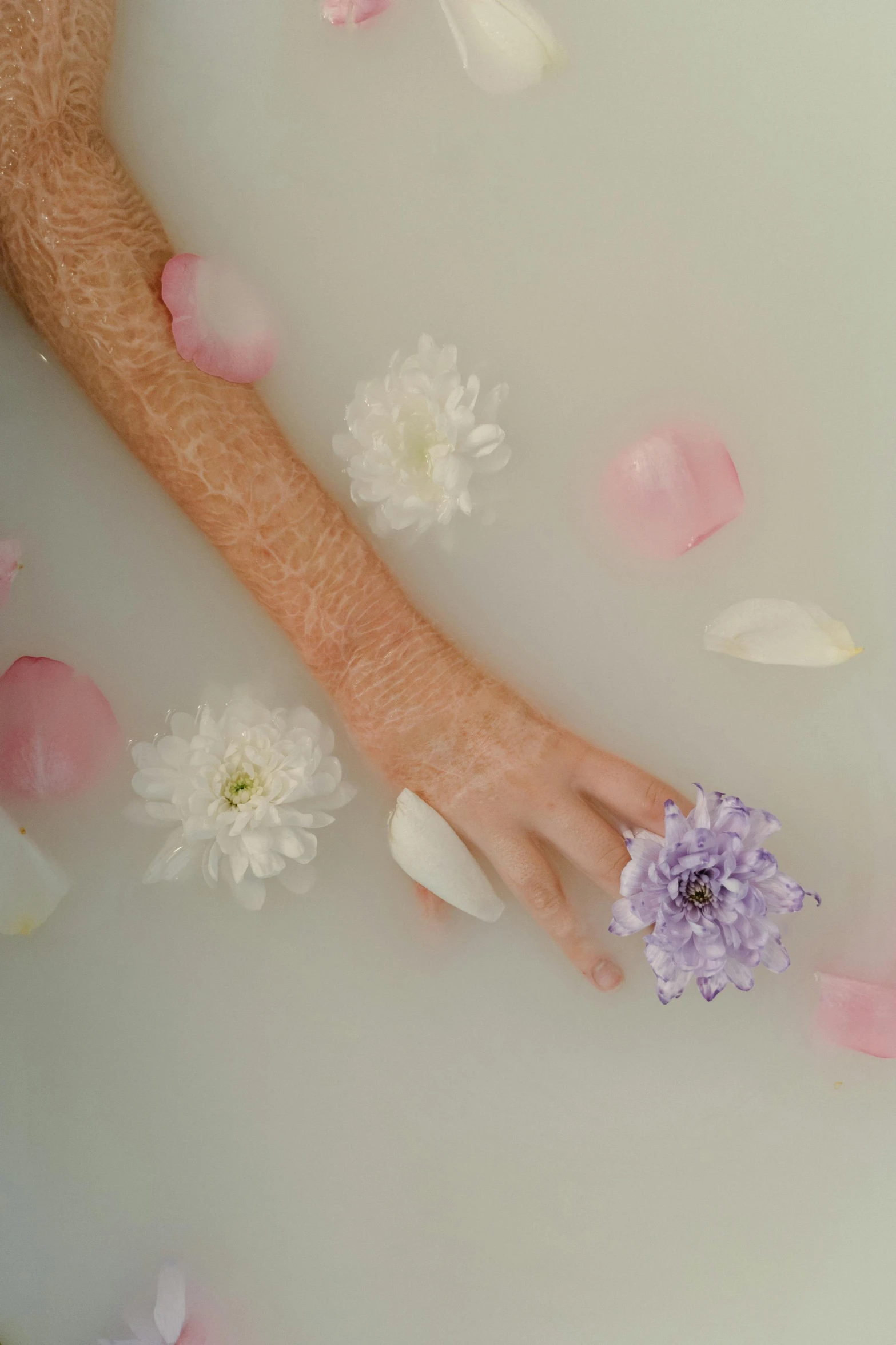 a woman laying in a bath filled with flowers, inspired by Elsa Bleda, unsplash, beautiful hands, pale pastel colours, lilac, ignant