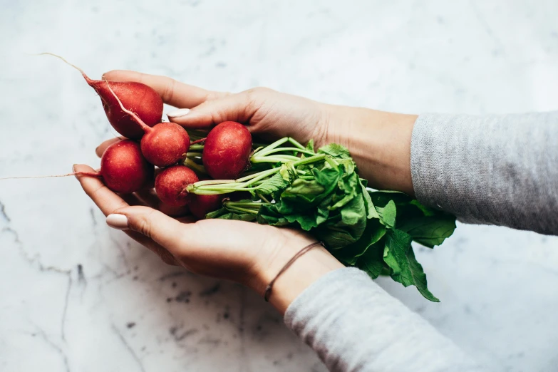 a person holding a bunch of radishes in their hands, a still life, by Julia Pishtar, unsplash, no - text no - logo, profile image, recipe, multiple stories