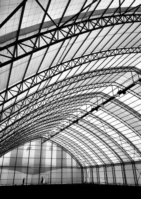 a black and white photo of a train station, inspired by Christo, light and space, skylight open ceiling, full of glass. cgsociety, square lines, glossy plastic