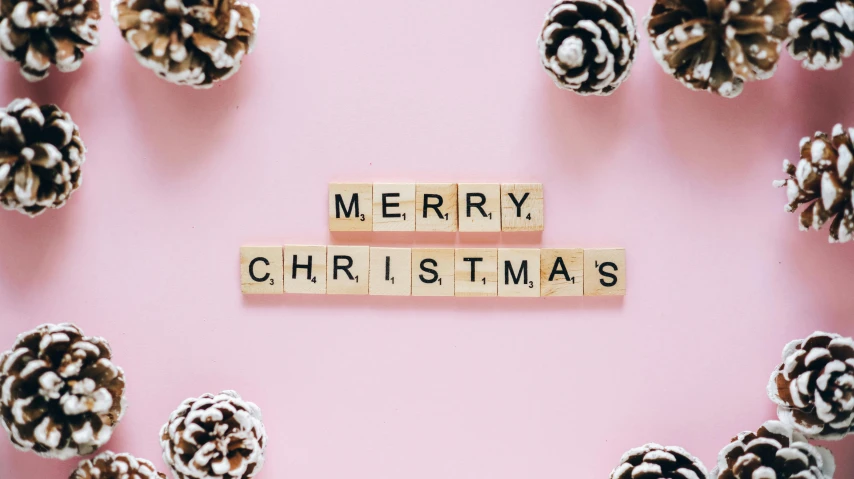 a wooden block spelling merry christmas surrounded by pine cones, by Carey Morris, pexels, pink background, background image, 1 6 x 1 6, reverse