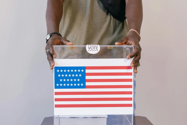 a person holding a box with an american flag on it, an album cover, trending on unsplash, black arts movement, presidental elections candidates, portrait n - 9, vine, hands on counter